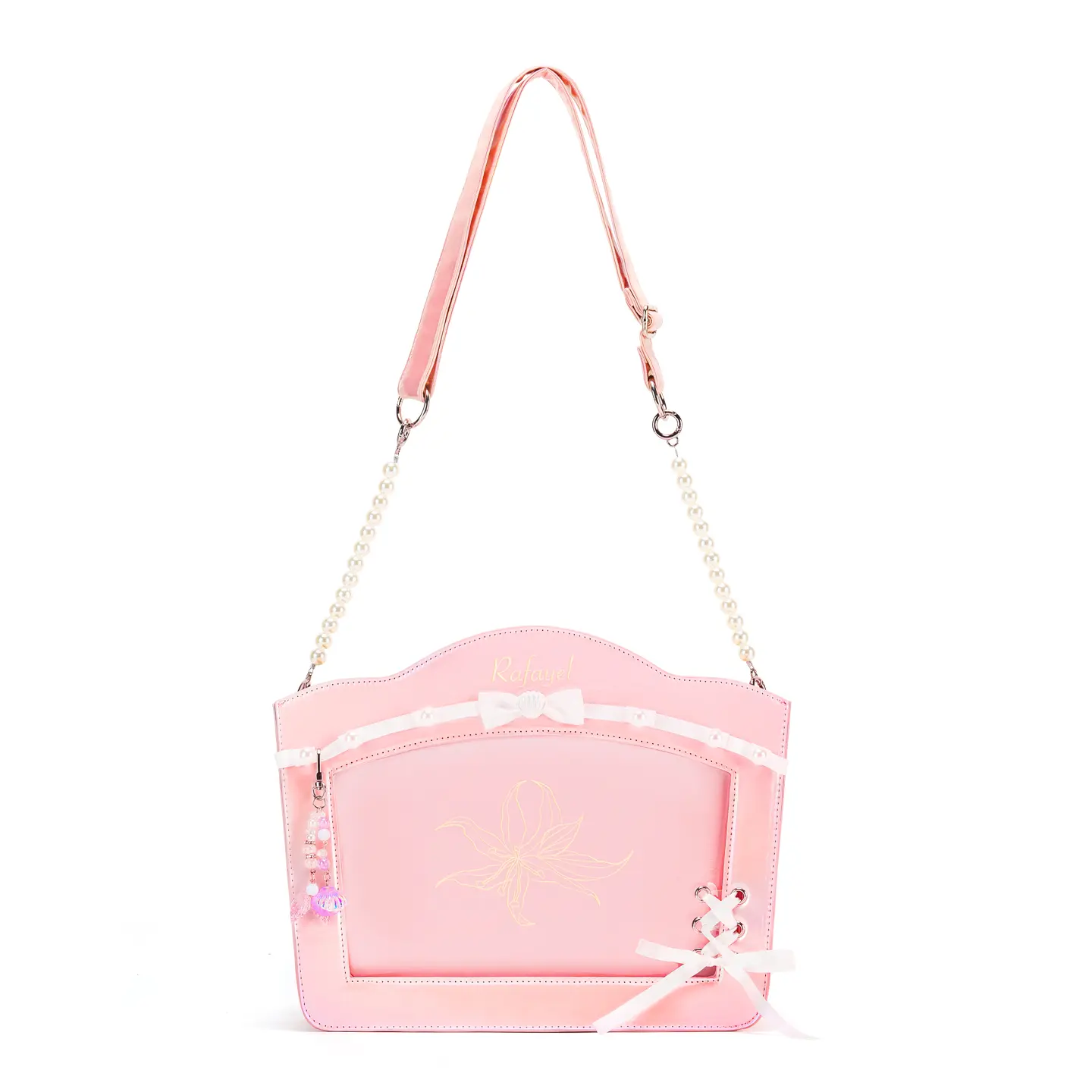 The Junco x Love and Deep Space Rafayel Scarlet Shell Dream Ita Bag | Mermaidcore Pink Holographic Pearl Crossbody | Lily Embroidery 2-Way Shell Satchel | Clear Window Merch Showcase for Pins & Daily, Pu Tote Satchel