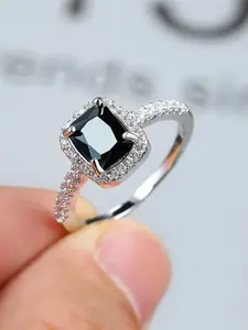 Vintage Female Synthetic Crystal Black Stone Rings Silver Color Thin Wedding Jewelry For Women Trendy Square Zirconia Engagement Ring Elegant Engagement Ring Cubic Zirconia Ring