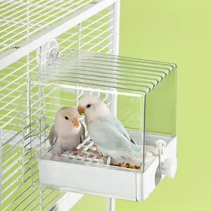Hanging Bird Bath for Cage with Bowls & Mesh Bottom - 3-in-1 Multifunction Bird Bath/Bowl/House, Bird Shower for Lovebirds, Finches, Parakeets, Budgies, and Other Small to Medium Birds - White Bird Supplies