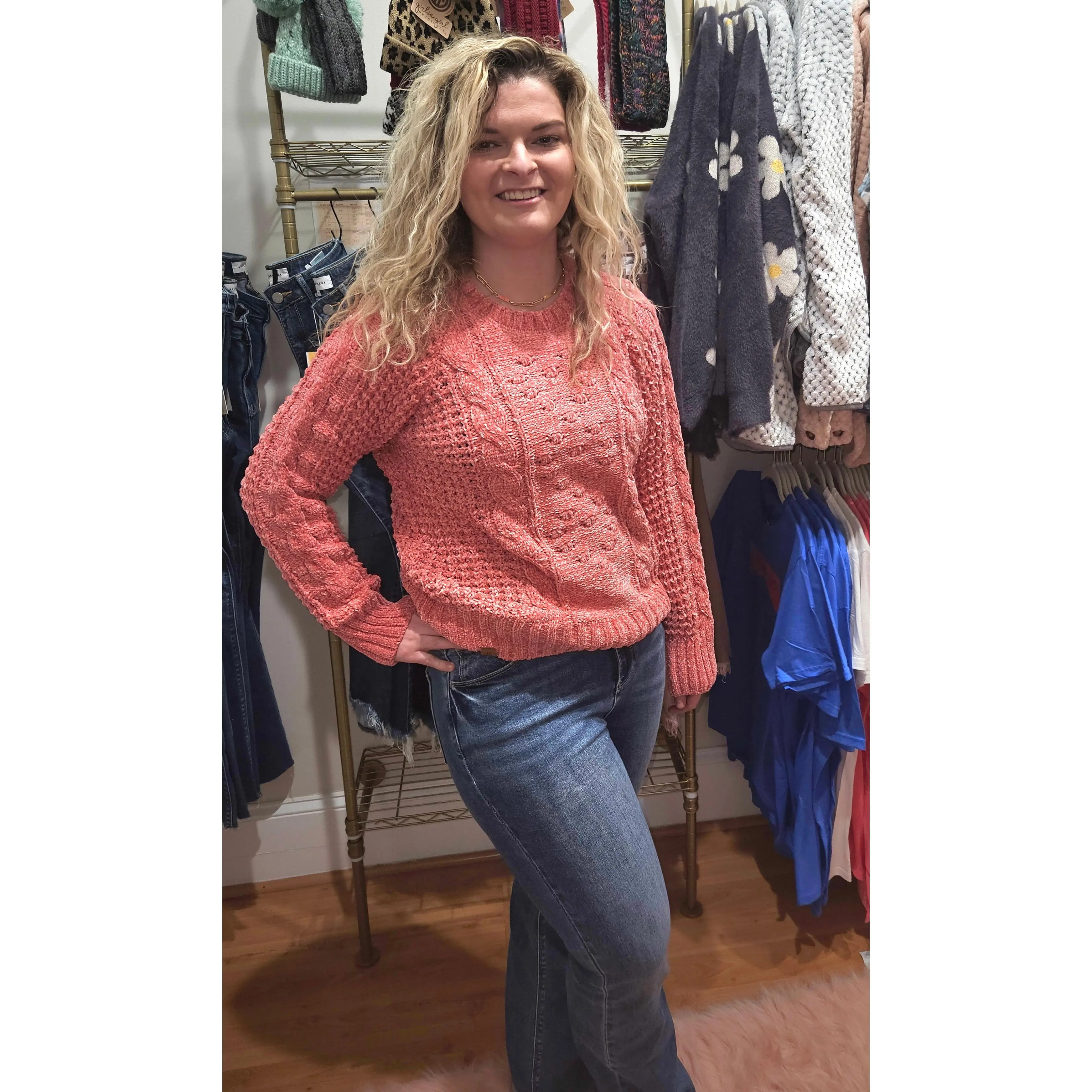 Chenille Crew Neck Sweater-Ash & Pink