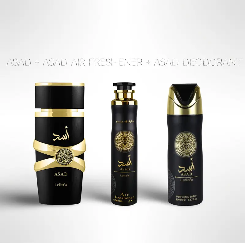 Asad + Asad Air Freshener + Asad Deodorant by Lattafa – Eau De Parfum Gift Bundle, Perfume, Woody