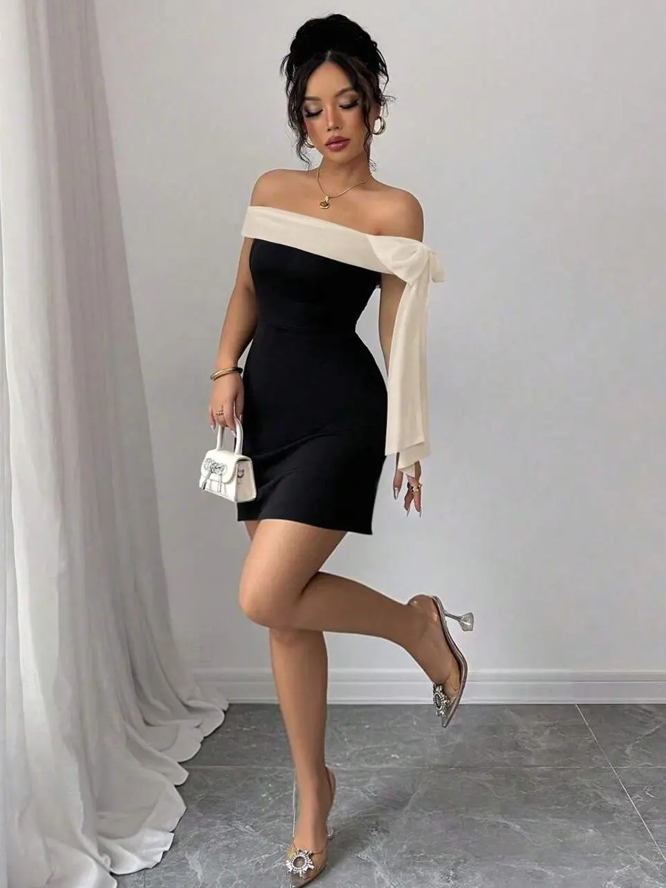 Women's Elegant Off-Shoulder Mini Dress Black High Waist Fitted with Knot &  Zipper for Night Out - TikTok Shop