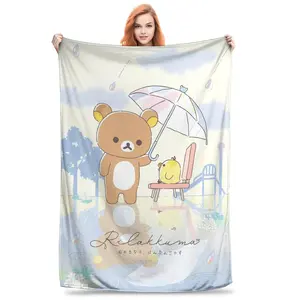 Kawaii Rilakkuma Knitted Flannel Throw Blanket - Figure Print Blanket, Cartoon-Printed Bedding Accessory, Soft Warm Summer AC Use, Whimsical Room Decor, Teen Room Decor, Bedroom Gift summerwins,summerwins