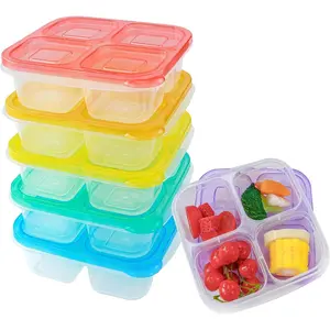 6 Pack 4-Compartment Snack Containers,   Containers for  School, Adults Office, Picnic Trip, Lunch Bento Box Meal Prep Containers (Bright Color Set)