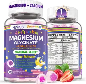 Neviss Magnesium Glycinate + Calcium Filled Gummies for Adults and Kids 4+, Kids Sleep Gummies Melatonin Free, Sugar Free Magnesium Supplement with B6 D3, L-Theanine for Zzz & Relax, Brain,Bone,Muscle