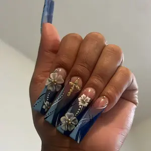 24 Pcs 3D Blue Gradient Square Nails, 3D Flower Design, Gold Cross & Pearl Decor, Glossy Gel False Nails, Reusable, Free Jelly Glue & Nail File