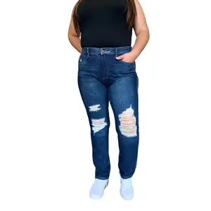Judy Blue Full/Plus Size High Waist Rigid Magic Heavy Destroy Straight Women's Jeans Denim Womenswear Dark Wash Casual Fit Top Bottom