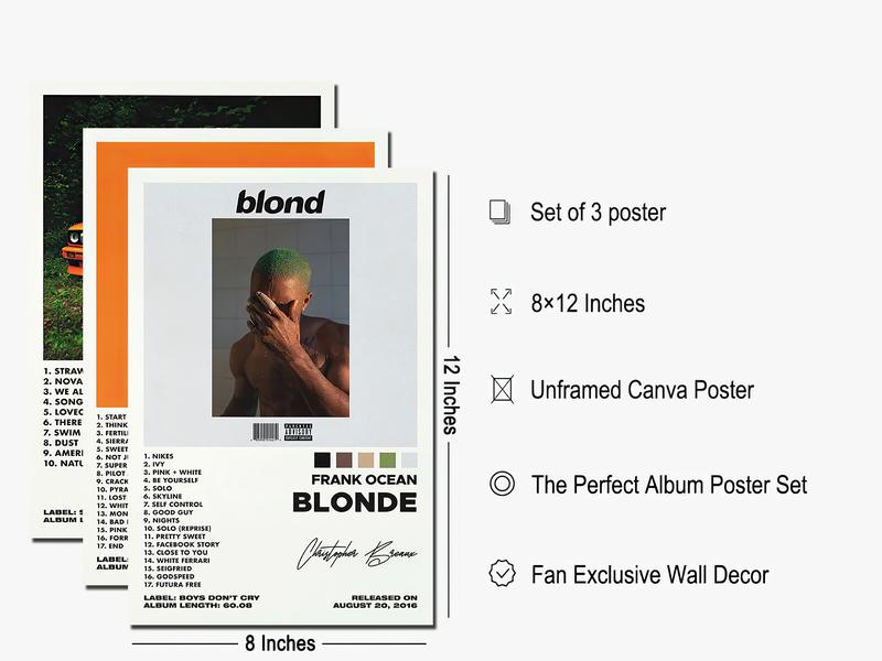 3PS Frank Ocean Canvas Album Covers Art Prints Set of 3 for Wall Decor Featuring Blonde Chanel Orange & Nostalgia Ultra Unframe 8x12in Poster