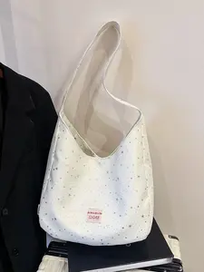 2026 New Star Silver Foil Canvas Tote Bag for Women, Korean Style Large Capacity Shoulder Bag, Durable Travel Shopping Bag