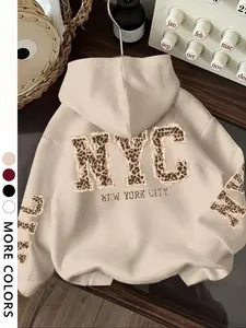 Women's Fall Winter Hooded Sweatshirt, Casual Loose-Fitting Graphic Letter Print, Nyc Leopard Pattern, Daily Wear, Womenswear