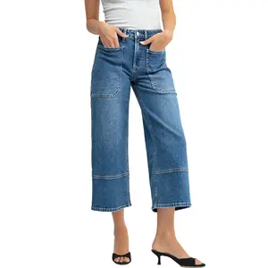 SIDEFEEL Women's High-Waisted Wide-Leg Cropped Jeans with Patch Pockets Trendy Stretchy Loose Straight Zimbaplatinum Denim for Casual Style