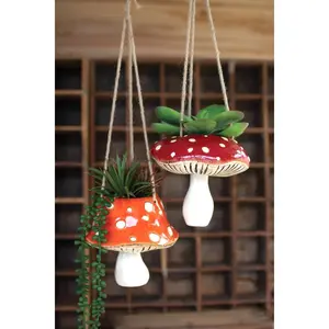 Set of Two Ceramic Toadstool Hanging Planters – Whimsical Red Boho Spring Décor