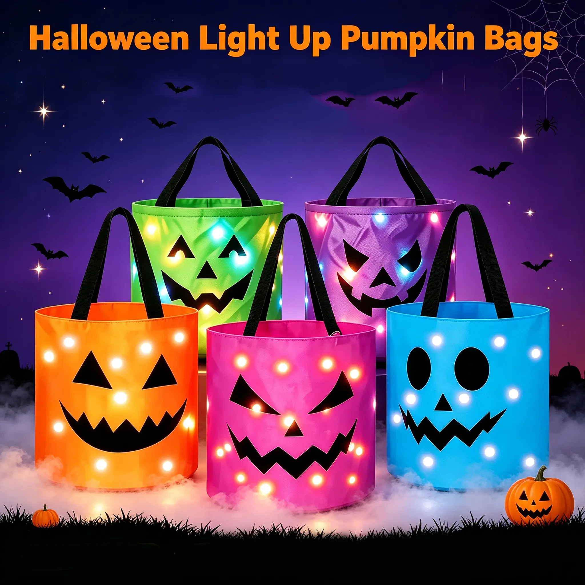 Halloween Light Up Pumpkin Treat Bags, LED Glow Halloween Candy Bucket with Jack O Lantern Face, Waterproof Trick Or Treat Goodie Bags, Spooky Halloween Party Favor Outdoor Yard Decor, Multi-Color Glow Pumpkin Candy Storage Bucket