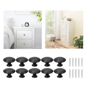 10 Pack 1-3/50 Inch  Matte Black Round Kitchen Cabinet Knobs Drawer Pulls Flat Black Stainless Steel Drawer Handles