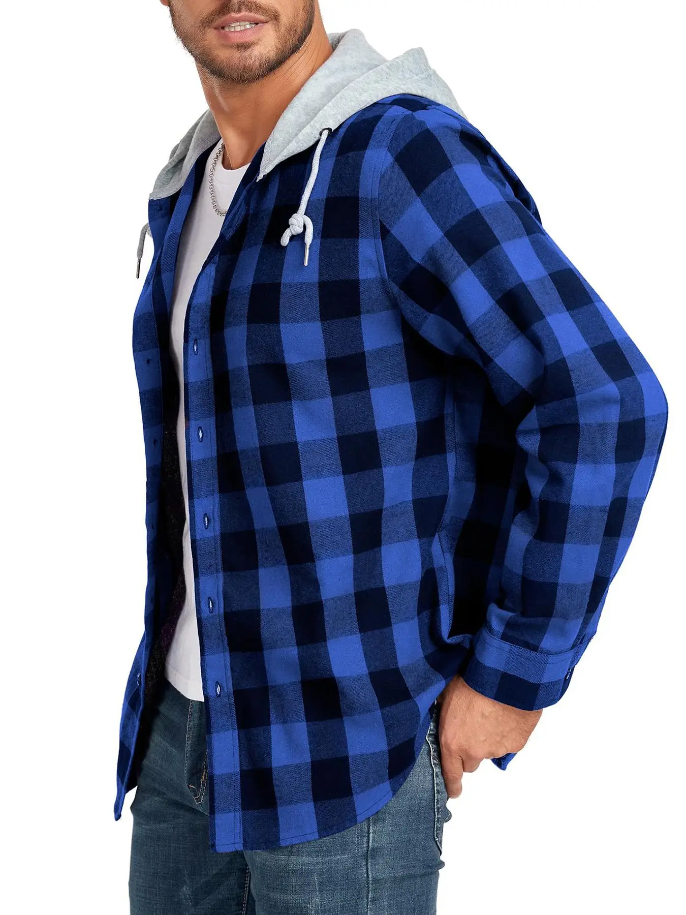 【Plus Size】 Plaid Patchwork Button Front Hooded Jacket, Casual Regular Fit Long Sleeve Drawstring Pocket Outerwear for Fall & Winter, Men's Clothes fo
