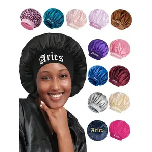 1PC Bonnet Printed 12 Constellations Personalization Hair Caps For Sleeping Satin Wide Brimmed Eastic Cap For Curly And Straight Hair Quick Drying Ponycap Black Hat Shower gifts2