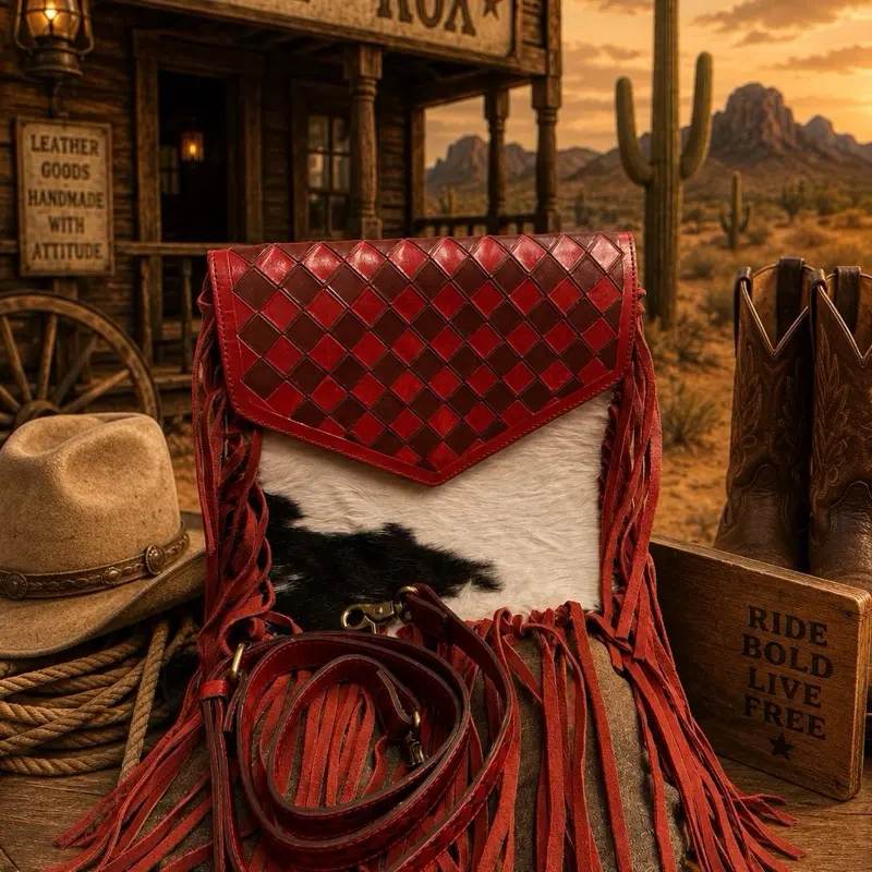 Red and Maroon checkered Cowhide fringes purse.