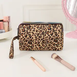 Women's Leopard 3-Layer Roomy Zippered Makeup Organizer Pouch, Travel Toiletry & Vogue Accessories Holder