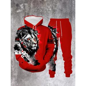 Men's Casual 2-Piece Set, Lion Ink Print Hoodie and Sweatpants, Spring and Autumn Fashion Outfit
