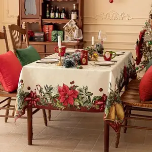 Rectangular Christmas Tablecloth, Holly Leaf Flower Winter Decor, Party & Dinner Decoration, New Year Celebration Essentials