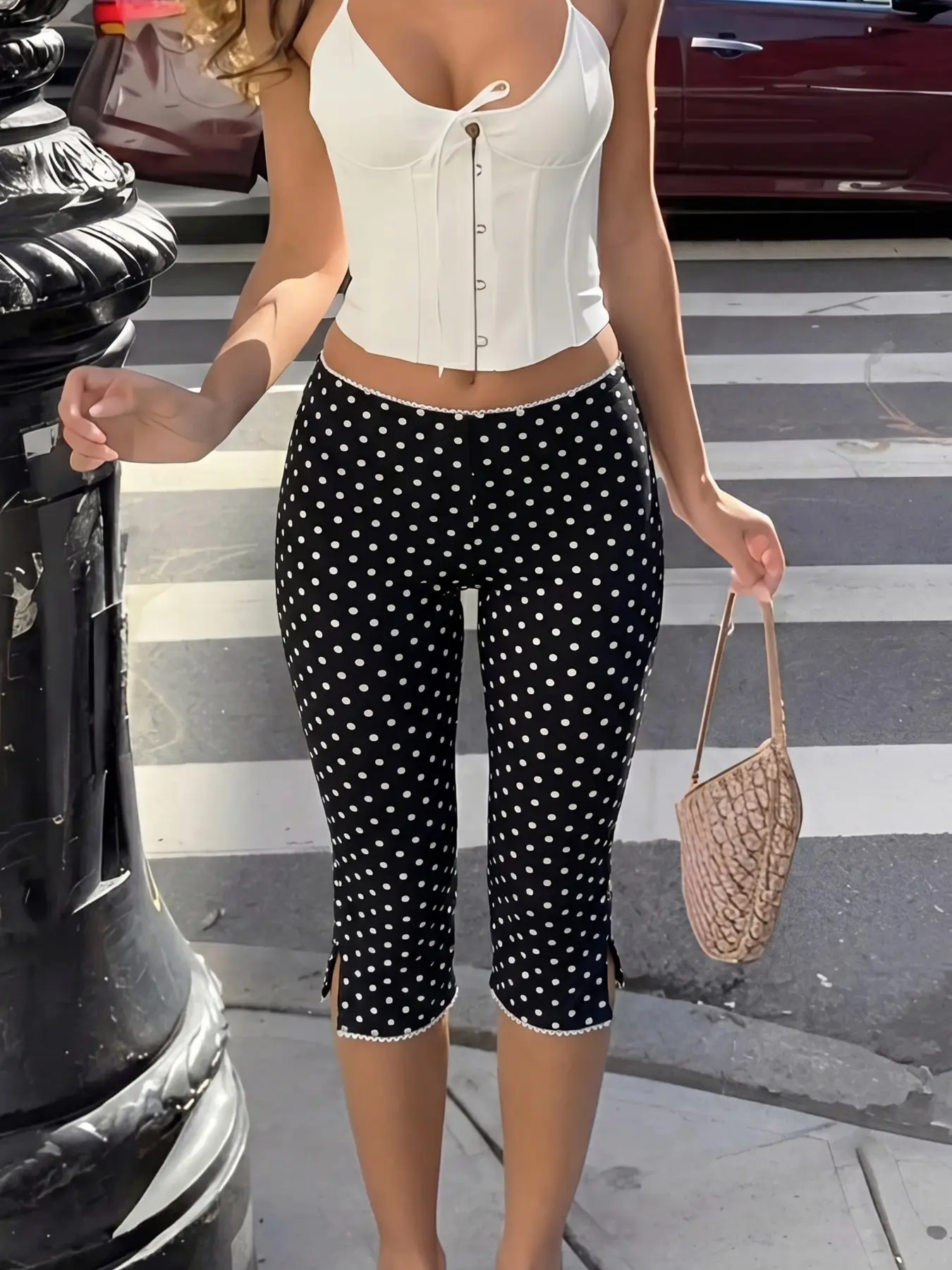 Women's Polka Dot Waistband High Waist Slim Fit Capri Pants 2026 Casual Streetwear Perfect For Everyday And Night Out Chic Stylish Viral TikTok Must Have Fashion Essential Casual Lounge Pant