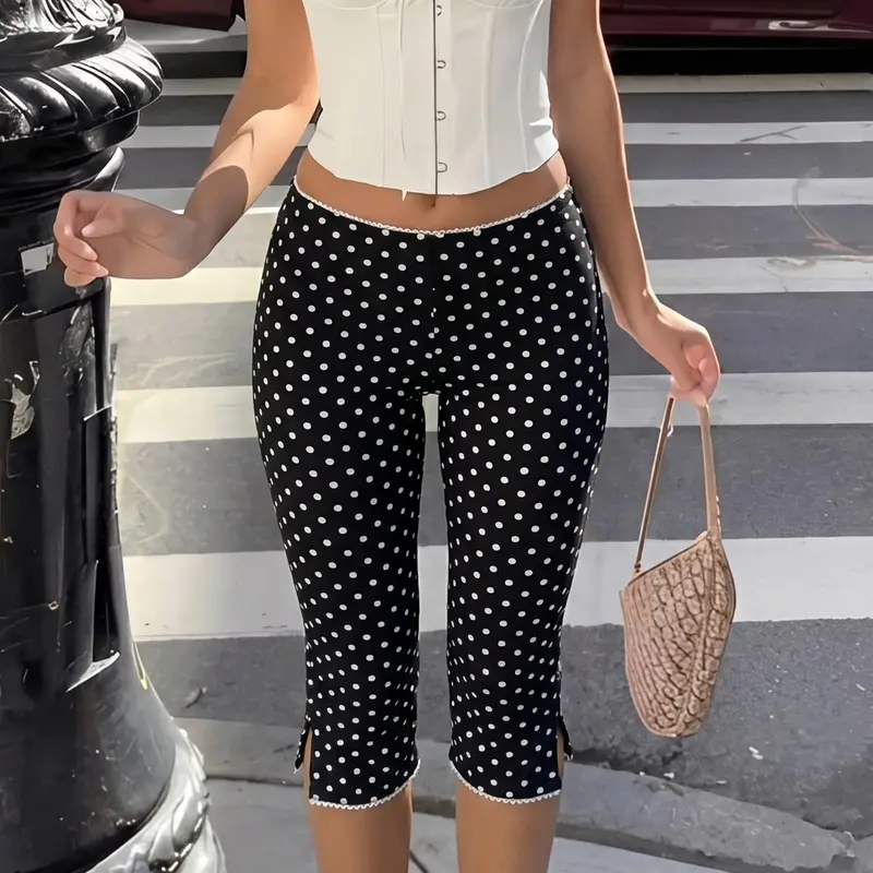 Women's Polka Dot Waistband High Waist Slim Fit Capri Pants 2026 Fashion Casual Comfy Casual Streetwear Perfect For Everyday And Night Out Chic Stylish Viral TikTok Must Have Fashion Essential Casual Lounge Pant