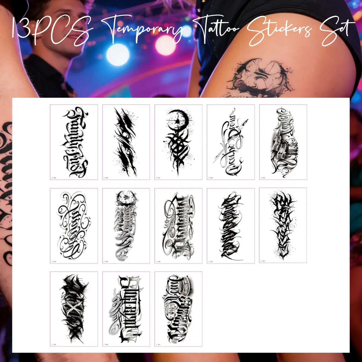 13PCS Large Realistic Temporary Tattoos Set - Nontoxic, Sensitive Skin Safe, HD Design, 3-7 Days Long-Lasting, Easy to Apply & Remove, Assorted, Ideal for Key Occasions, Adult-Friendly