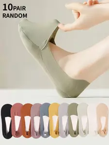 10 pairs of random ice silk women's everyday invisible socks, shock-absorbing sole, traceless ultra-thin breathable Lightweight, anti-slip silicone design, casual style