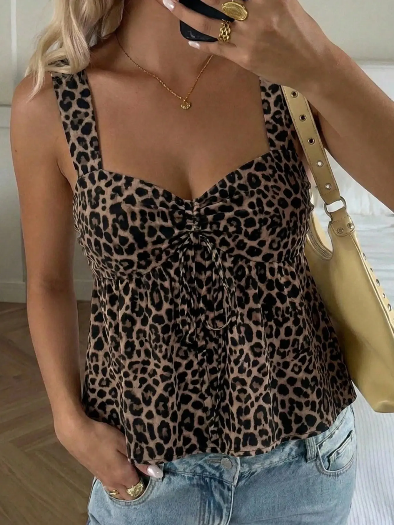 VYNCE Babydoll Camisole Leopard Print Drawstring Casual Top Women Summer Outing Party Y2K Fashion