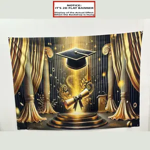 2D Flat Banner, 1pc Graduation Cap and Diploma on Golden Stage with Curtains and Columns Design Party[ Golden Luxury Style] Event Celebration[ Indoor and Outdoor. Room Decor Banner Decoration Banner Party Decorations Banners