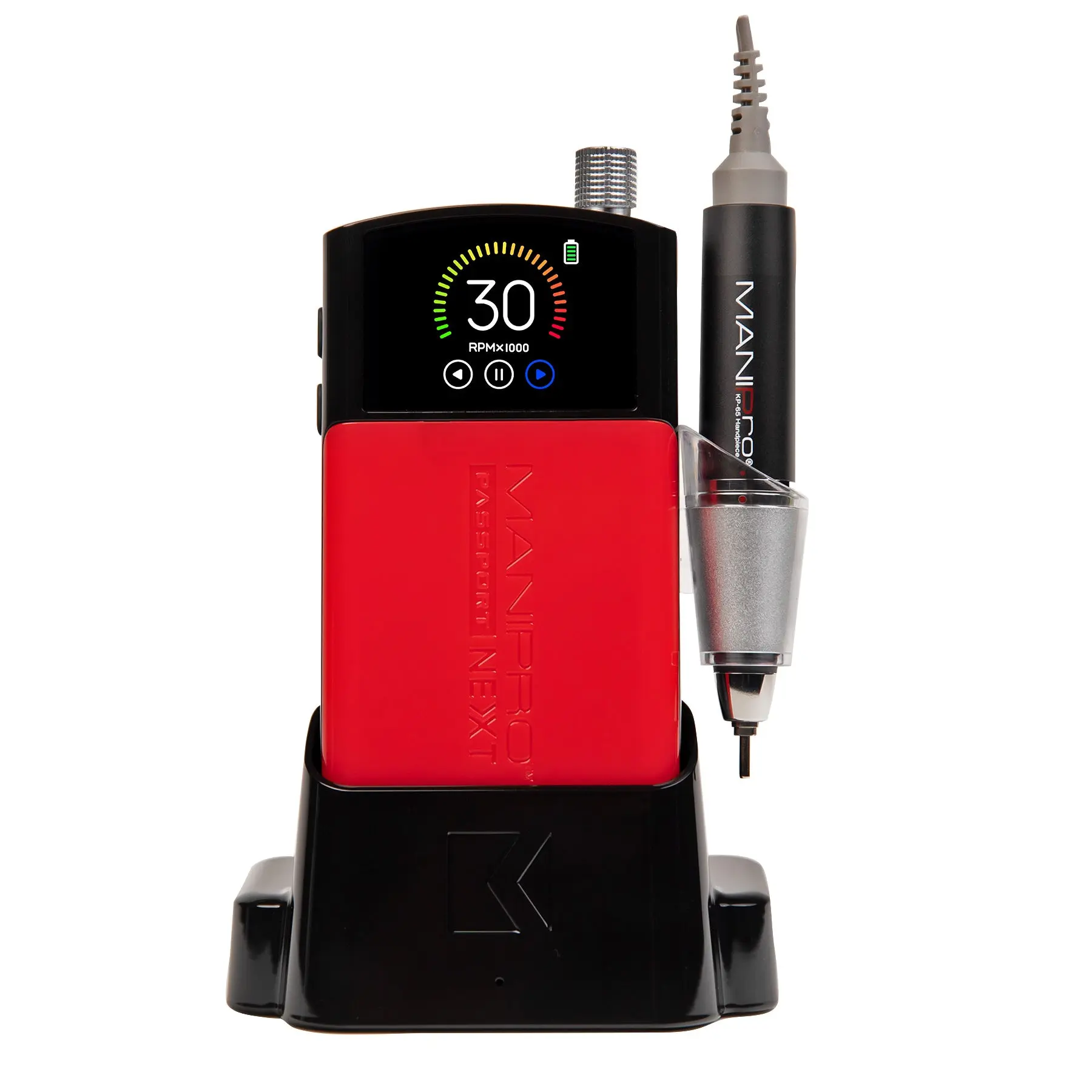 MANIPro Passport NEXT Complete Black Electric Nail File Machine 110/220 Volt with KP-65 Handpiece 30,000 RPM Stainless Steel Belt Clip & LED Display