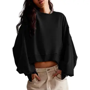 Women's Basic Long-Sleeve Round Neck Casual Sweatshirt - Loose Fit, Side Slit Crop Pullover, Fall Fashion 2025