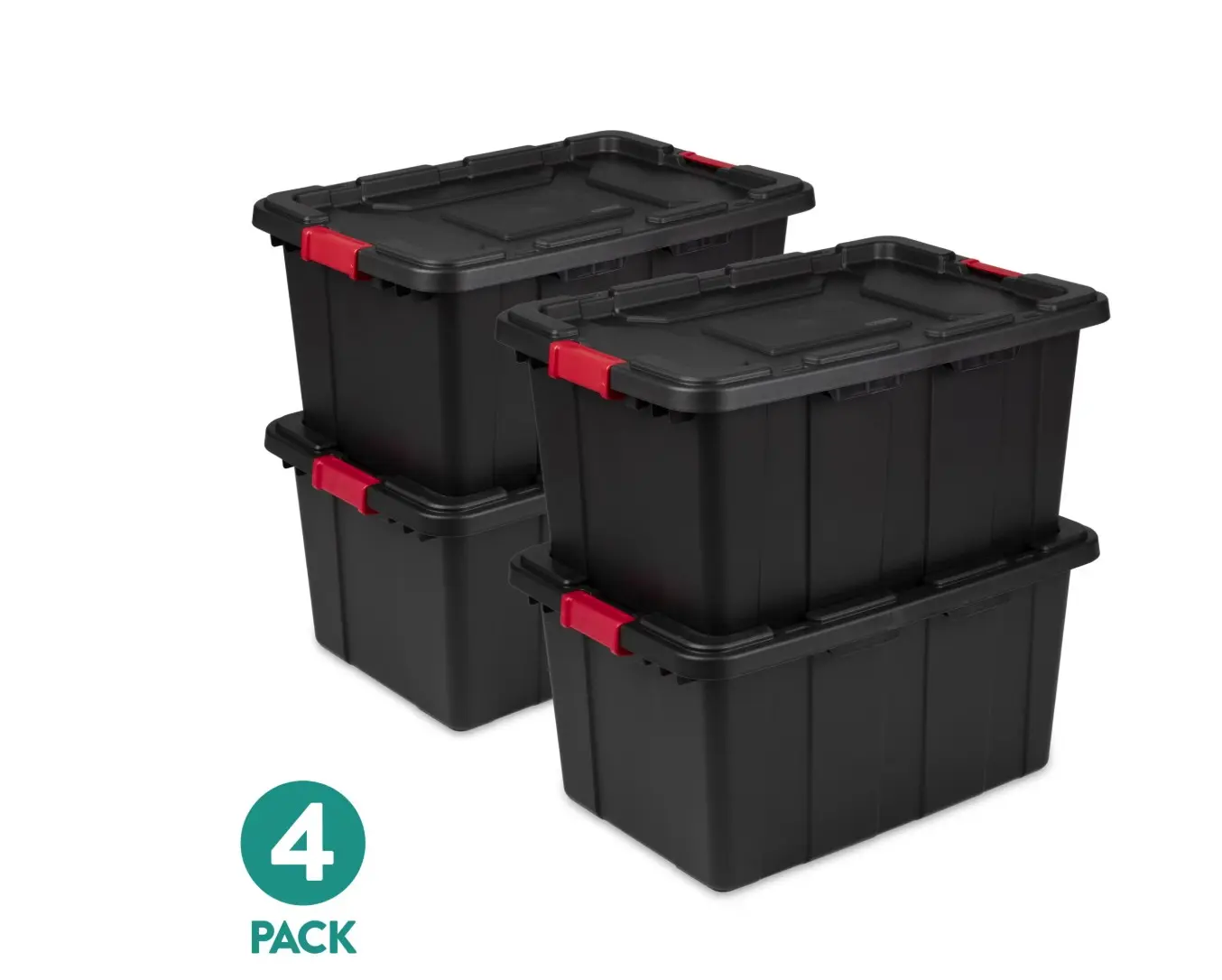 Large Industrial Storage Bin, 27 Gallon Durable Plastic Storage Tote with Latching Lid and Integrated Handles, Black, 4 Pack