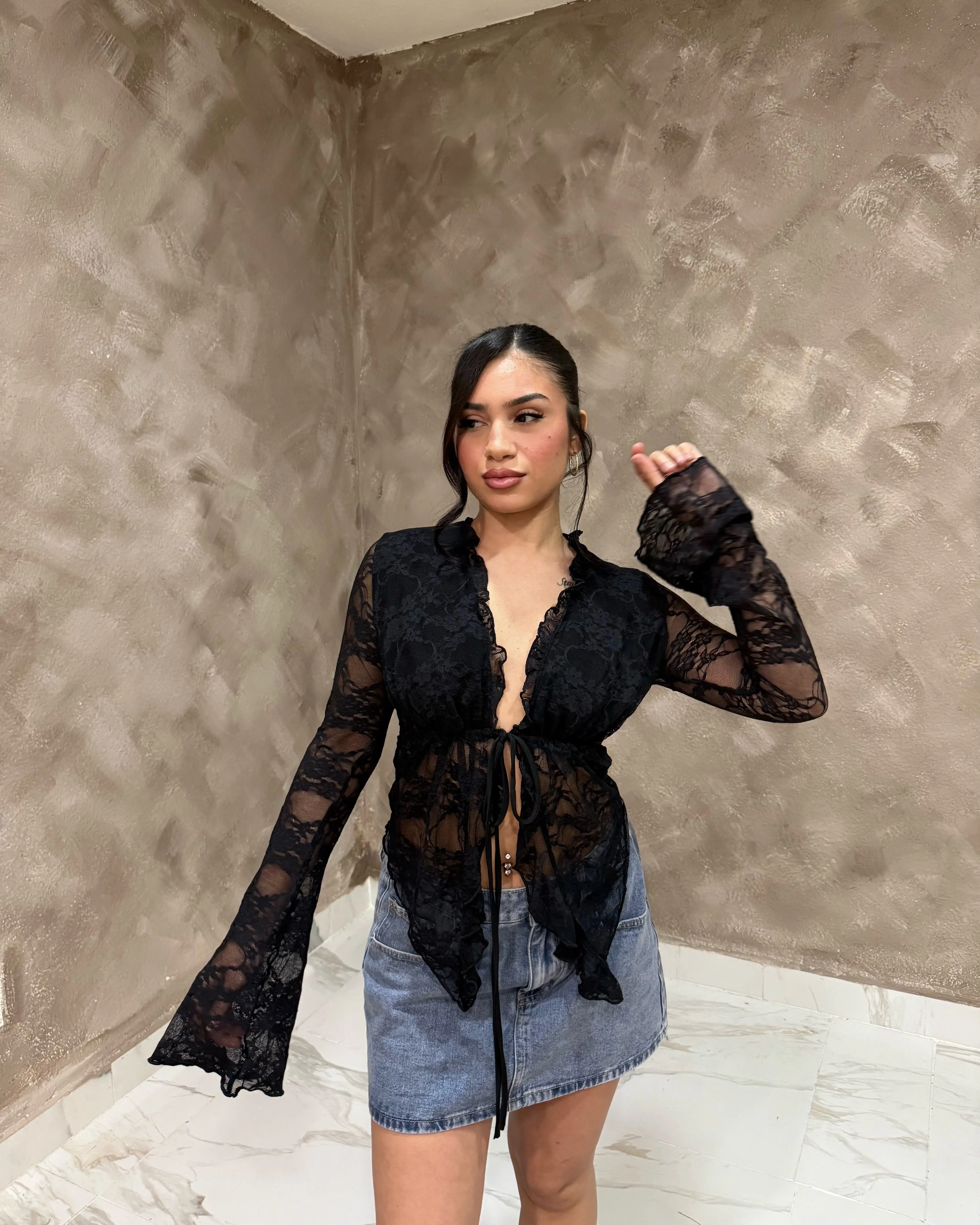 トップス DOT LACE SEE-THROUGH TOP (HIGH NECK) See Through Lace Top Gothic High Neck Bell Long Sleeve Sheer Mesh Tops