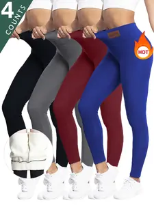 4 Pack Women's Letter Patched Thermal Lined Sports Leggings, Sporty Warm Skinny Pants for Yoga Gym Workout Running, Ladies Sportswear for Fall & Winter