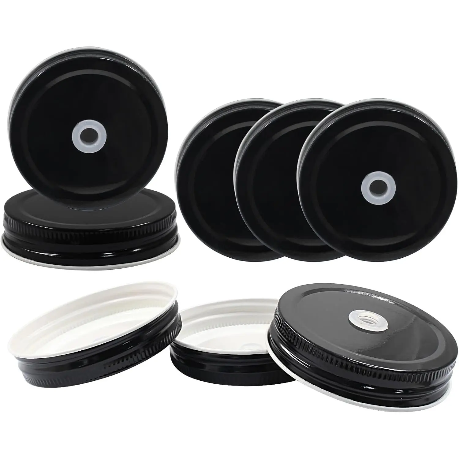 8 count 2.7" Mason Jar Lids with Straw Hole Stainless Steel Drinking Jar Lids Canning Lids Polished Surface   Mason Jar Lids for Ball, Kerr Jars(Black)