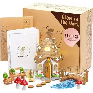 Fairy Garden Kit - 13 count Glow in The Dark Accessories with 7.1" Outdoor Fairy House with Opening Door and Solar LED Light, Garden Door for Trees, Stones, Indoor/Outdoor Decor