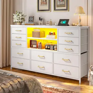 Raybee Modern TV Stand with 12 Fabric Drawers for 55 Inch TV, Entertainment Center with Charging Station & LED Lights, Media Console Table with 2 Open Shelves for Living Room, Bedroom, or Closet