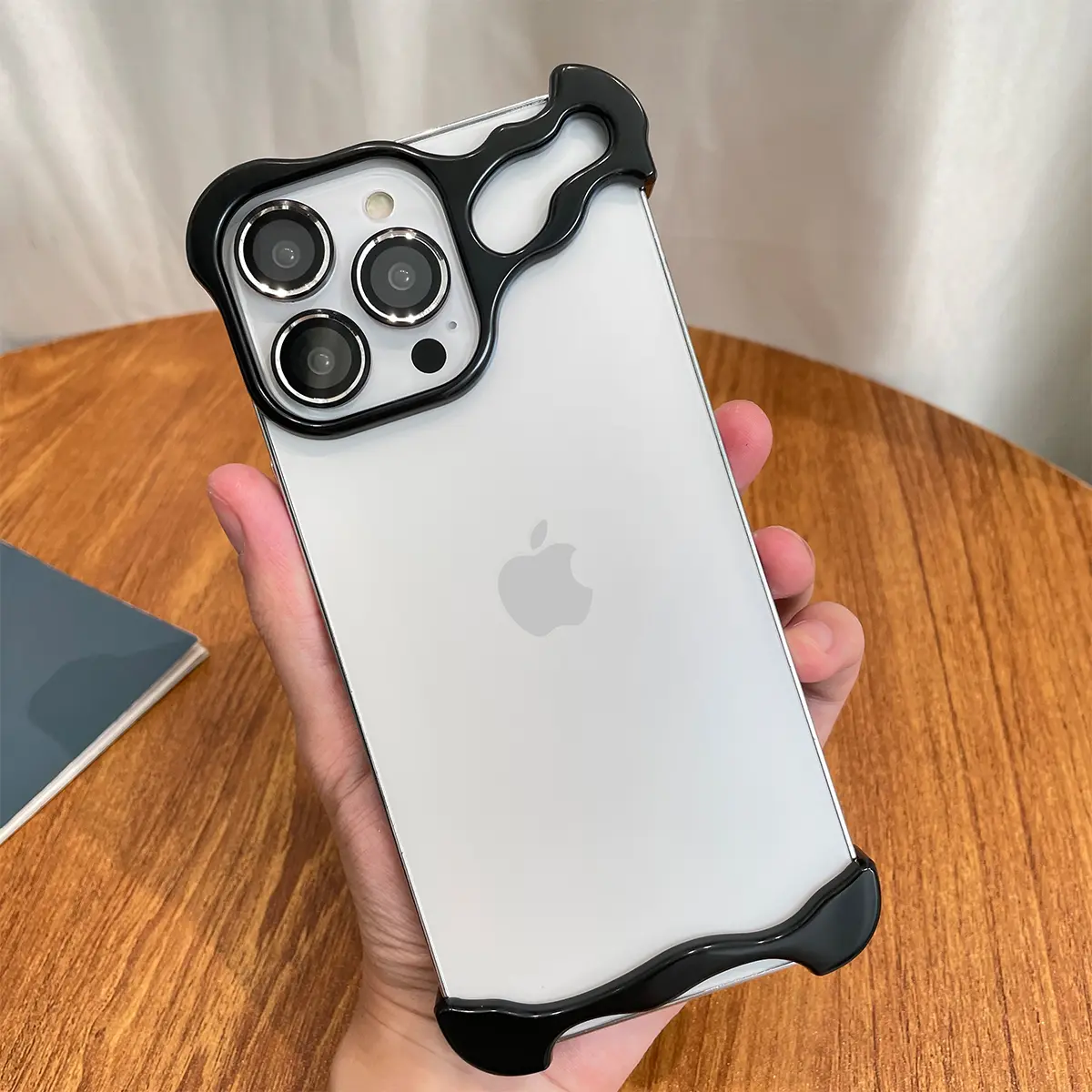 Metal special-shaped true edgeless case for iPhone 13 -15 black set (lens sticker + alcohol bag + extra set of glue + packaging box)
