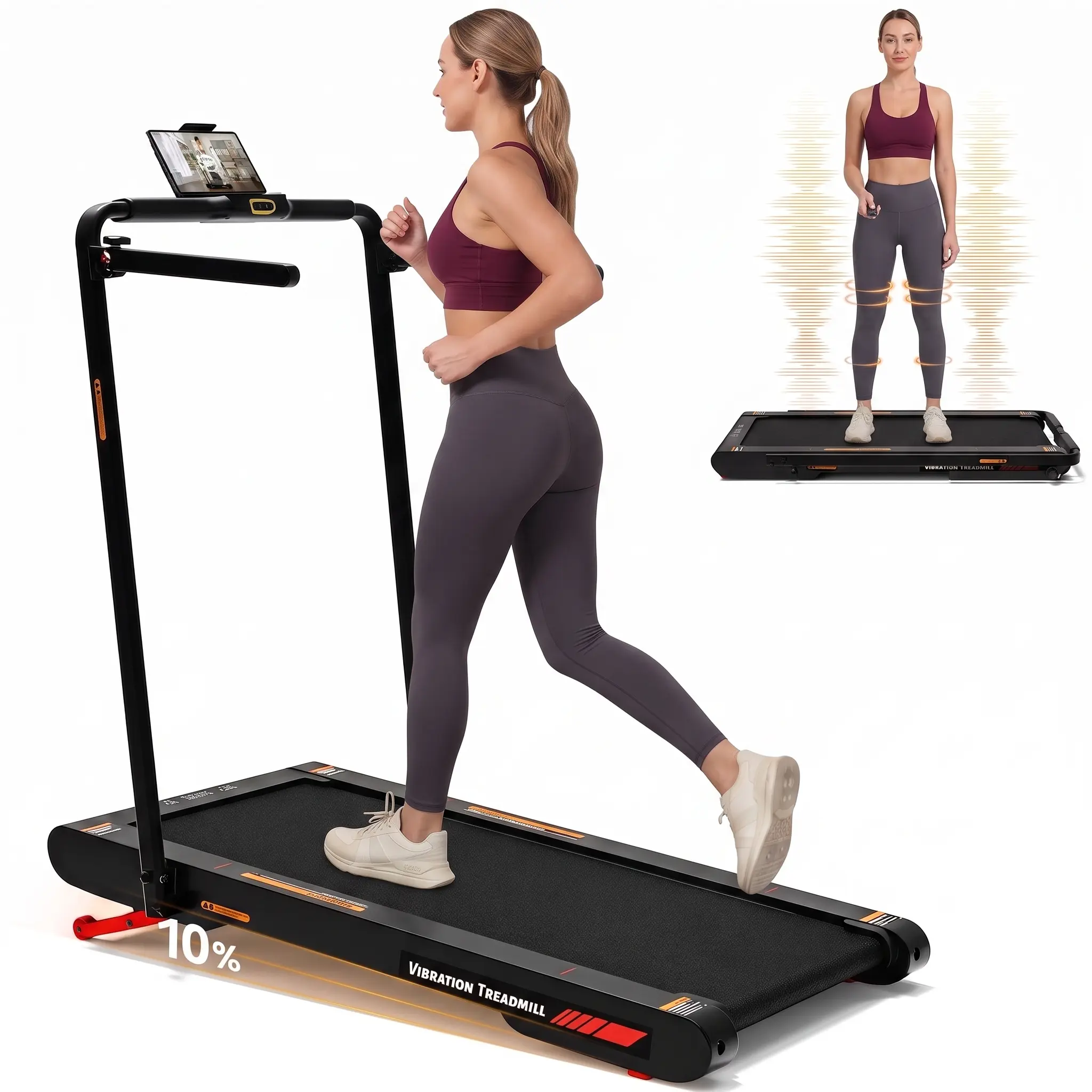 5-in-1 Inclined Folding Treadmill Pad with Foldable Handrail, Compact Adjustable Vibrating Walkable Treadmill Accessory, Portable Exercise Equipment & Walking Training Tool for Home Walking