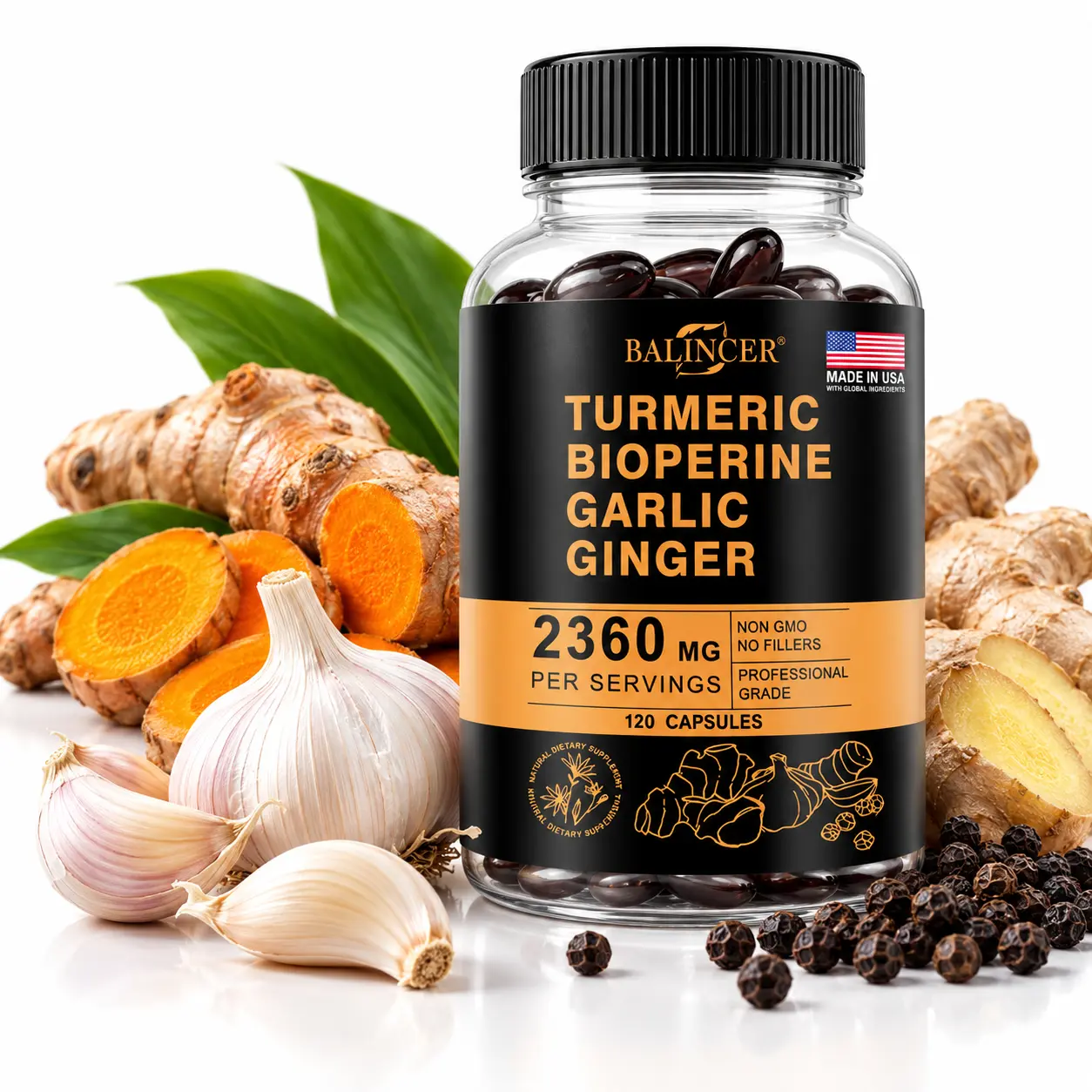 BALINCER Turmeric Curcumin Dietary Healthcare Supplement with BioPerine Black Pepper, Garlic, Ginger, 2360mg per Serving, 120 Capsules, 60 Servings, Joint Wellness Formula