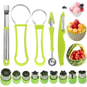 14 Pack Melon Baller Scoop Set - 4 in 1 Stainless Steel Fruit Tool Set Fruit Scooper Seed Remover with Fruit Vegetable Cutter Shapes Set Fruit Peeler for Fruit Slicer Dig Pulp Separator