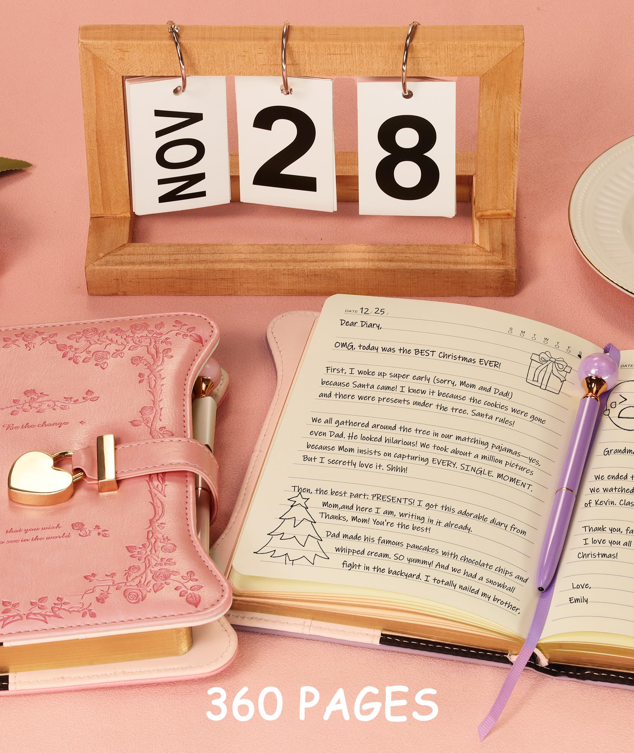 Girls’ diary with lock and key, 360 gold-edged journal for women, B6 refillable notebook with pen and bookmark gift set