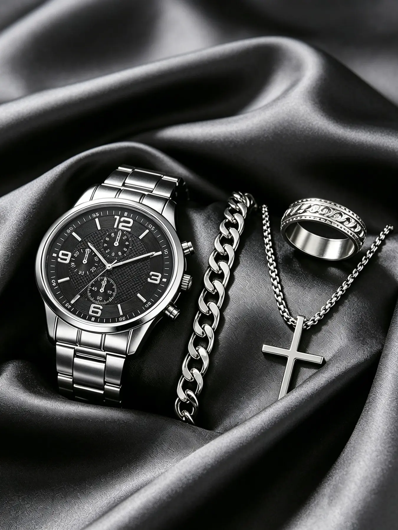 Trendy Silver Color Watch Face, Men's Roman Numerals Quartz Watch Set with Necklace Bracelet Ring, Perfect Birthday Gift for Him, Fashionable Jewelry Set