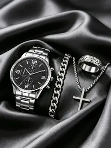 Trendy Silver Color Watch Face, Men's Roman Numerals Quartz Watch Set with Necklace Bracelet Ring, Perfect Birthday Gift for Him, Fashionable Jewelry Set