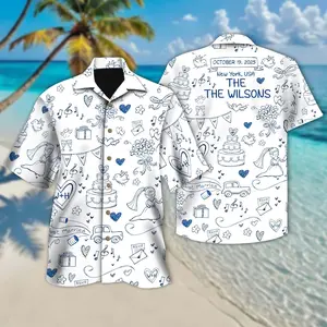Custom Wedding Couple Hawaiian Shirt, Personalized Bridal Gift With Names Date Location, Unique Keepsake for Bride and Groom, Bridal Shower