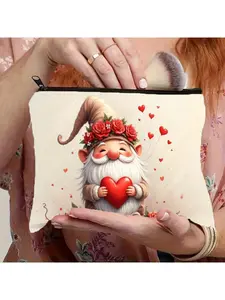 Cute Gnome Holding Heart Print Makeup Bag - Zipper Closure Cosmetic Organizer, Lightweight & Durable Travel Pouch for Women, Perfect for Valentine's Day Gifts, Toiletry Bag, Art Supply Case | Heart Gnome Design | Secure Zipper | Portable Organizer