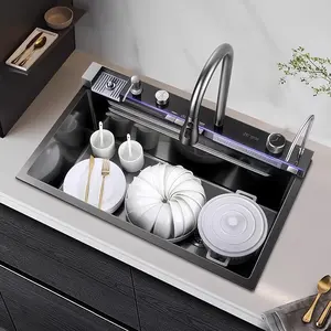 Primehome 30x18 Inch Nano Black Kitchen Sink Single Bowl Stainless Steel Waterfall Faucet Digital Touch Control Multi Spray Modes