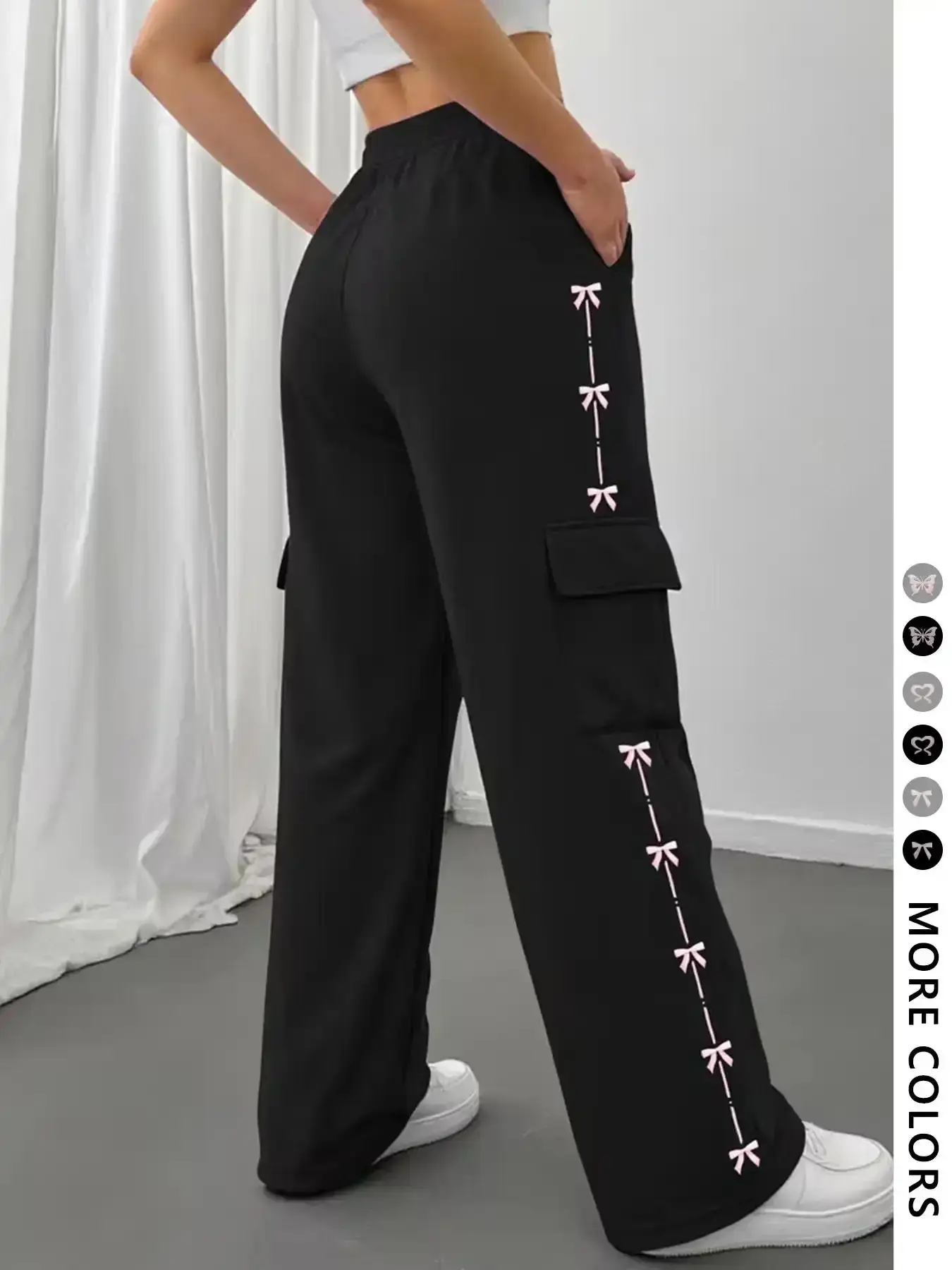 Women's Grey Coquette Sweatpants with Pink Bows, Cute Ribbon Side Detail Wide Leg Cargo Pants, Y2K Soft Girl Aesthetic Loungewear,Grey Pockets, Sweet Bow Knot Striped Trousers, Loose Fit Casual Joggers for School & Daily