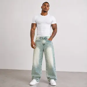 Men's Light Wash Baggy Jeans L047 Loose Fit Wide Leg Stretch Denim Pants Y2K Skater Streetwear